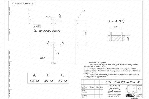 Чертеж фундамента котла КВр 0.9 с ОУР